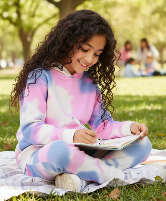 BLUE PINK TIE DYE GIRLS FLEECE HOODIE JOGGER SET - WHITE