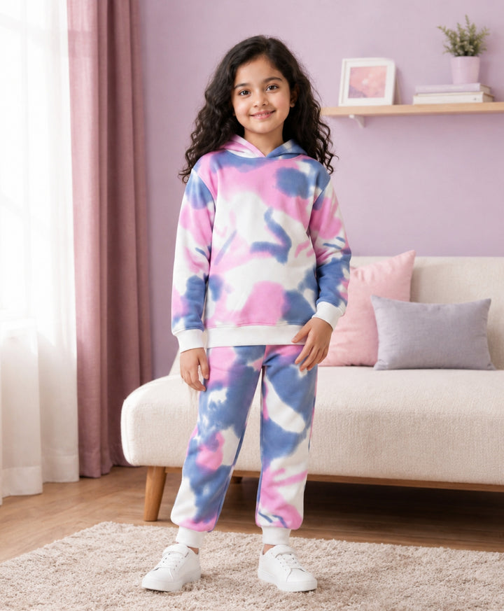 BLUE PINK TIE DYE GIRLS FLEECE HOODIE JOGGER SET - WHITE