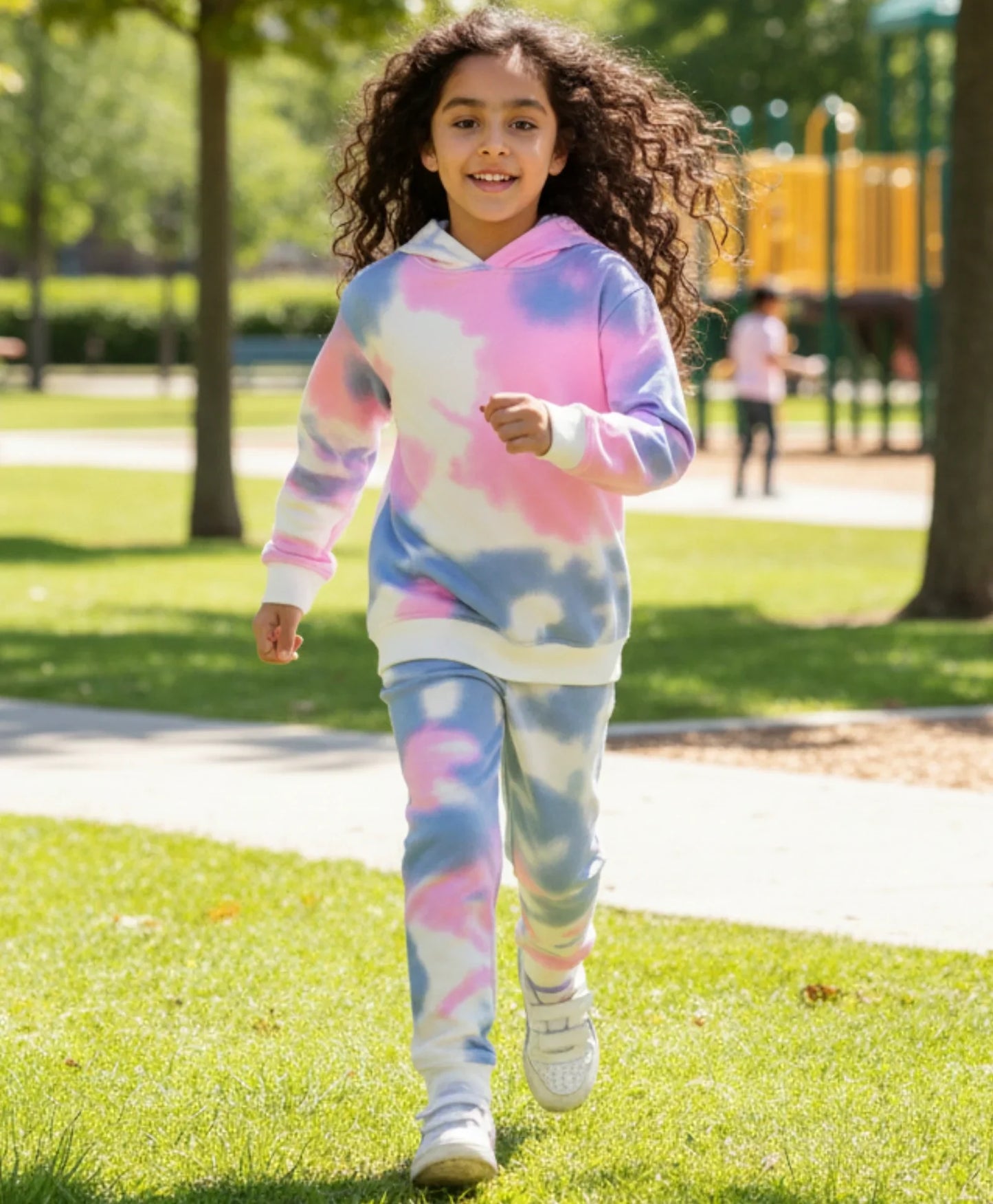 BLUE PINK TIE DYE GIRLS FLEECE HOODIE JOGGER SET - WHITE