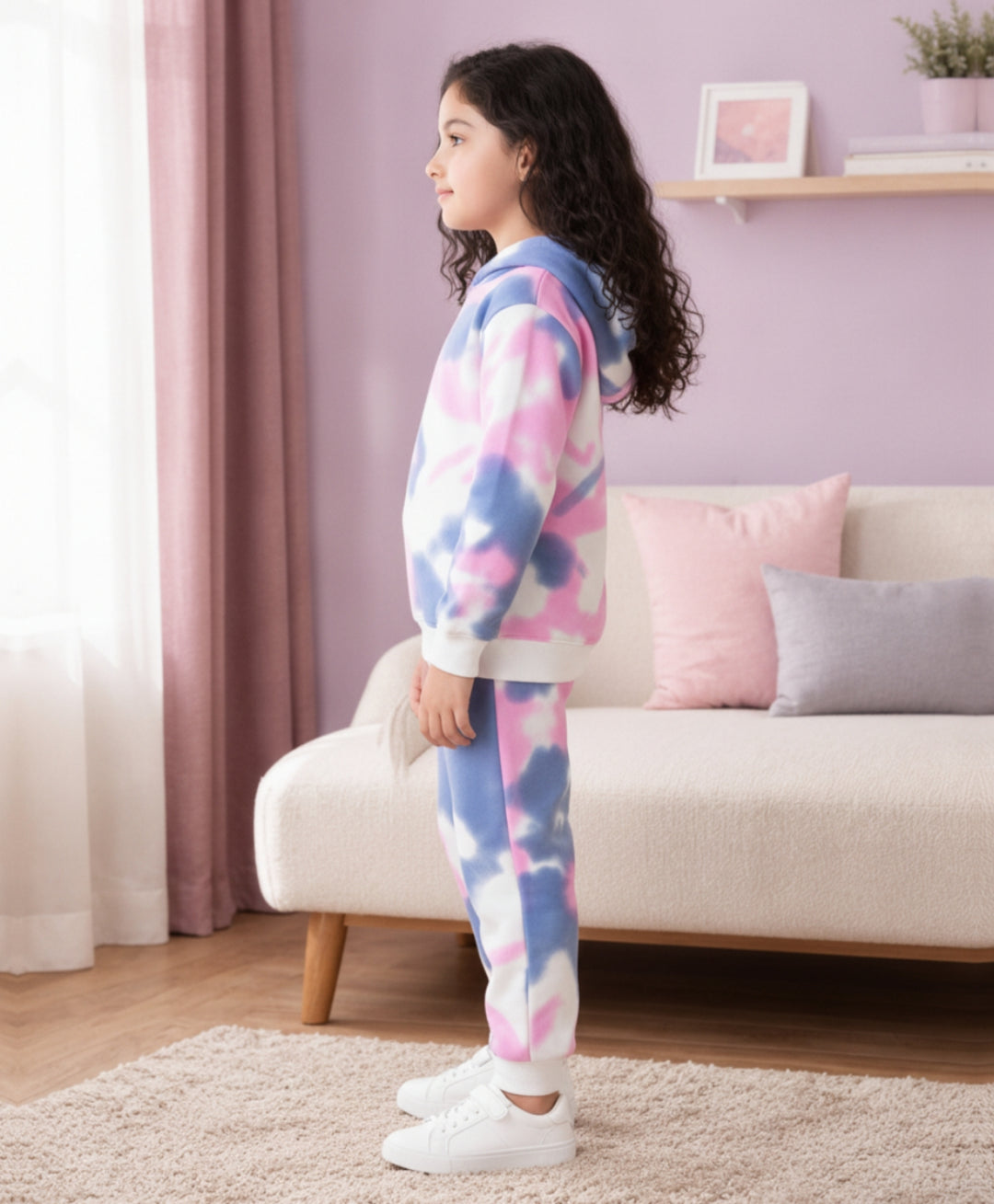 BLUE PINK TIE DYE GIRLS FLEECE HOODIE JOGGER SET - WHITE