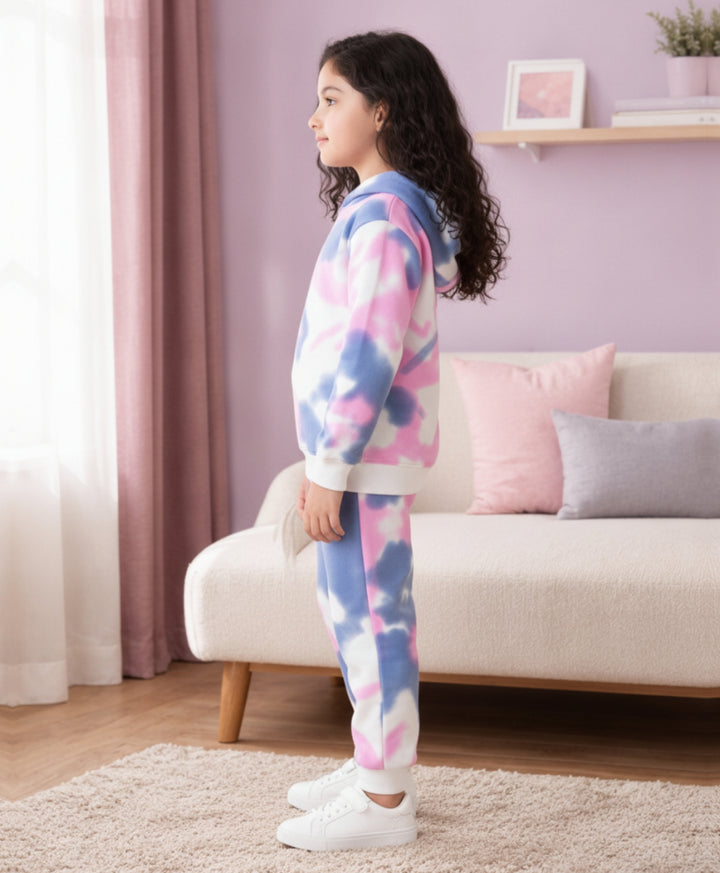 BLUE PINK TIE DYE GIRLS FLEECE HOODIE JOGGER SET - WHITE