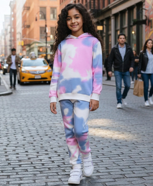 BLUE PINK TIE DYE GIRLS FLEECE HOODIE JOGGER SET - WHITE