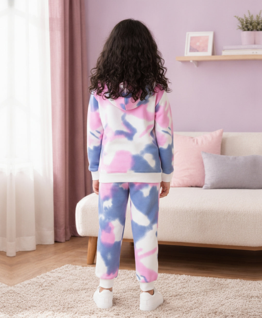 BLUE PINK TIE DYE GIRLS FLEECE HOODIE JOGGER SET - WHITE