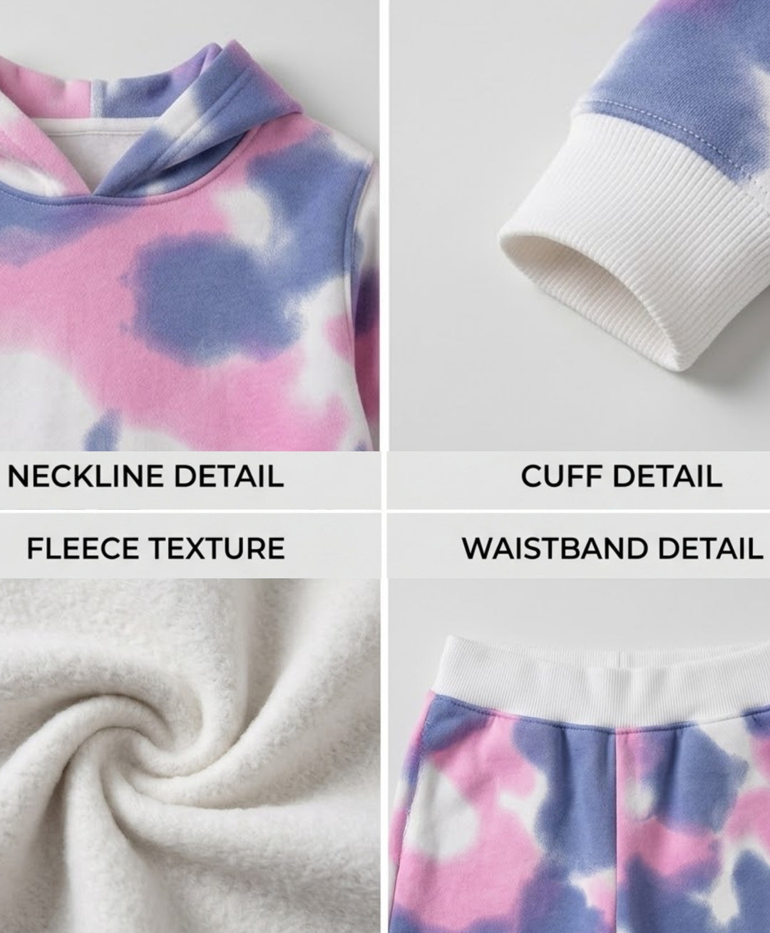 BLUE PINK TIE DYE GIRLS FLEECE HOODIE JOGGER SET - WHITE