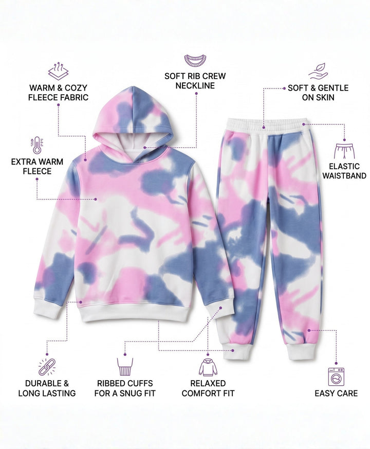 BLUE PINK TIE DYE GIRLS FLEECE HOODIE JOGGER SET - WHITE