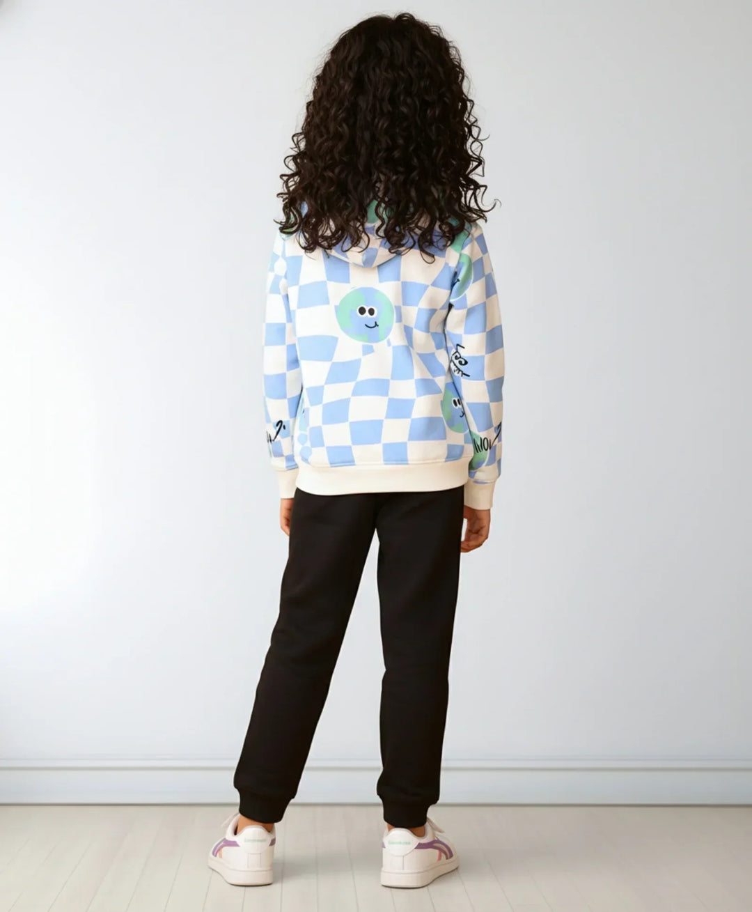 GLOBE CHECK GIRLS FLEECE HOODIE BLACK JOGGER SET - BLUE/BLACK - Anthrilo 