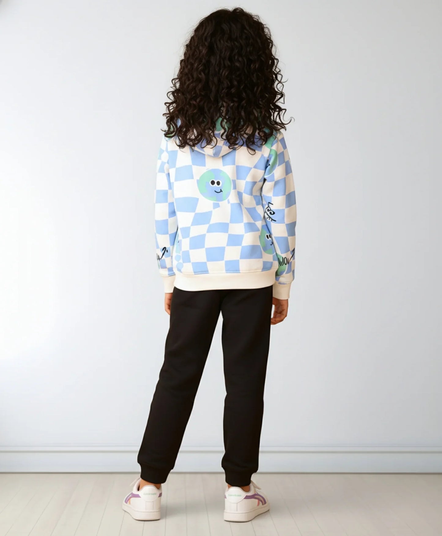 GLOBE CHECK GIRLS FLEECE HOODIE BLACK JOGGER SET - BLUE/BLACK