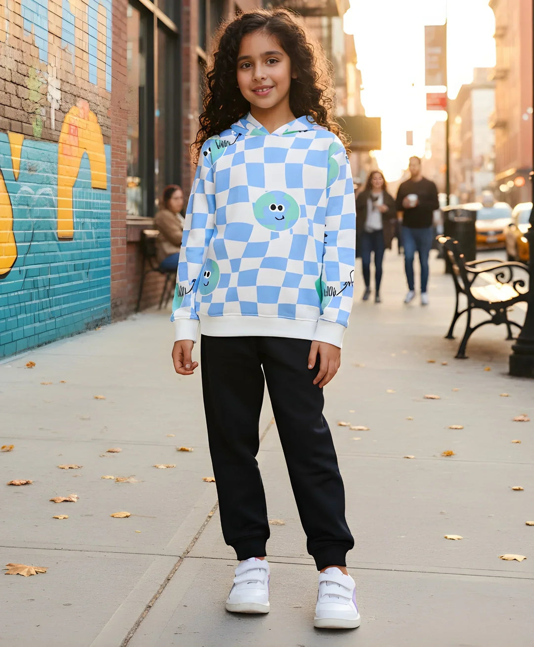 GLOBE CHECK GIRLS FLEECE HOODIE BLACK JOGGER SET - BLUE/BLACK - Anthrilo 