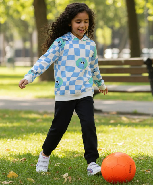 GLOBE CHECK GIRLS FLEECE HOODIE BLACK JOGGER SET - BLUE/BLACK