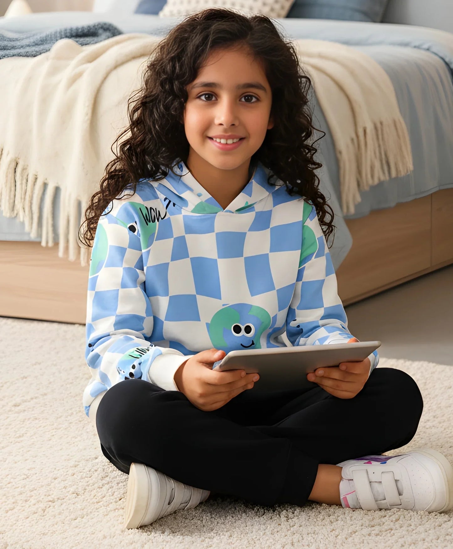 GLOBE CHECK GIRLS FLEECE HOODIE BLACK JOGGER SET - BLUE/BLACK