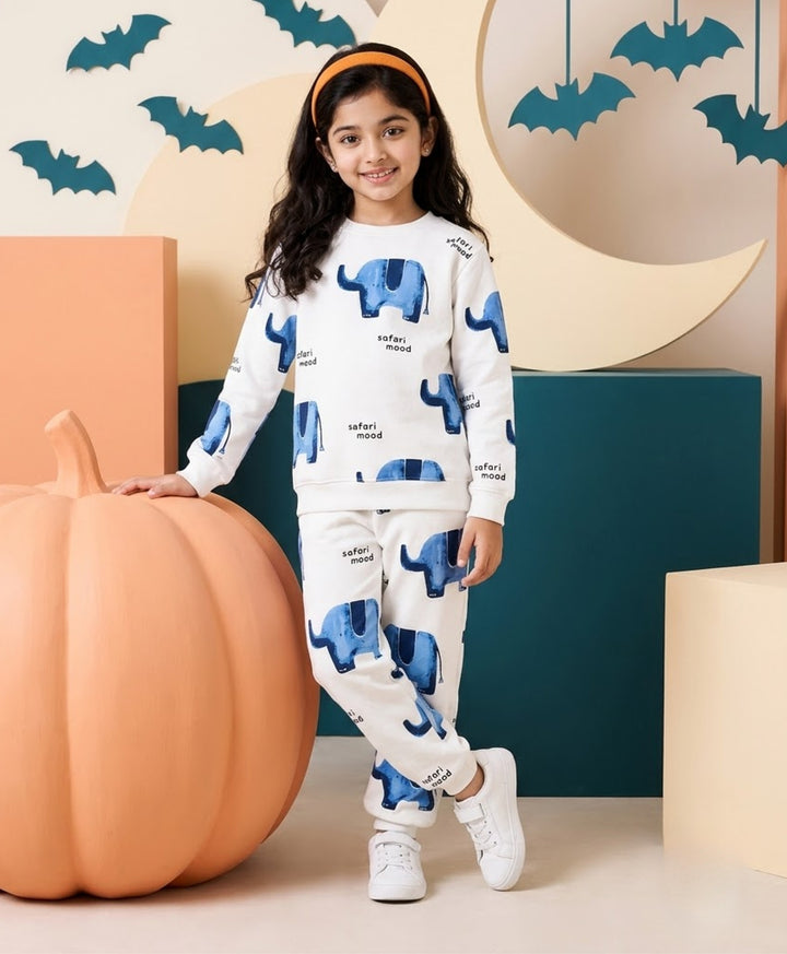 ELEPHANT SAFARI GIRLS FLEECE SWEATSHIRT JOGGER SET - WHITE