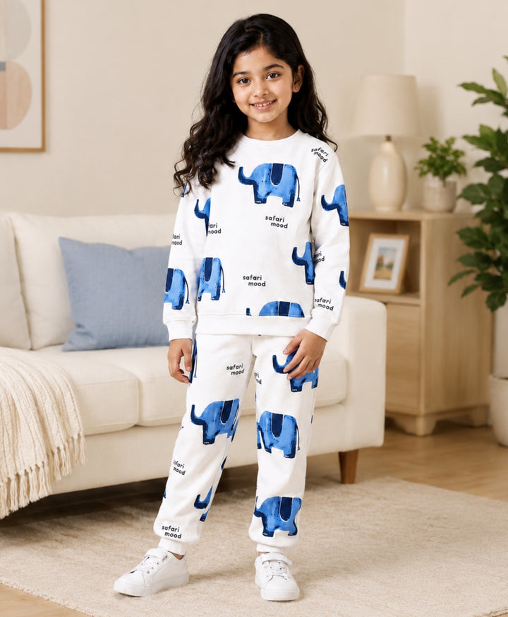 ELEPHANT SAFARI GIRLS FLEECE SWEATSHIRT JOGGER SET - WHITE