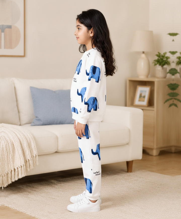 ELEPHANT SAFARI GIRLS FLEECE SWEATSHIRT JOGGER SET - WHITE