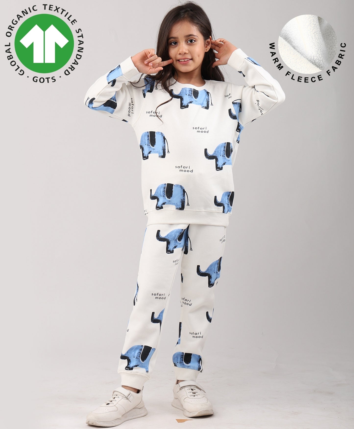 ELEPHANT SAFARI GIRLS FLEECE SWEATSHIRT JOGGER SET - WHITE