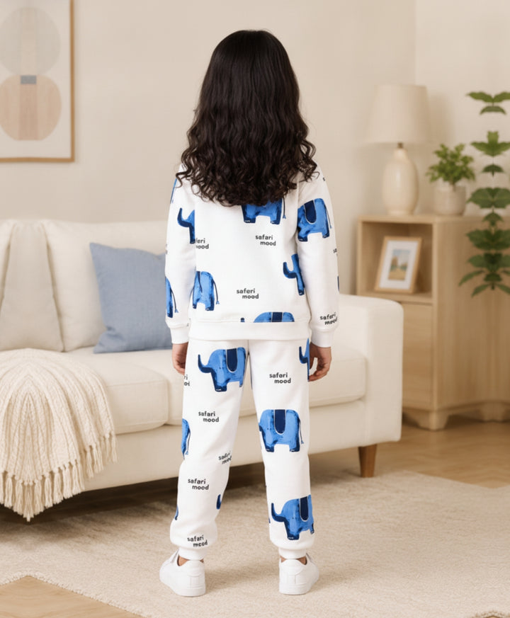 ELEPHANT SAFARI GIRLS FLEECE SWEATSHIRT JOGGER SET - WHITE