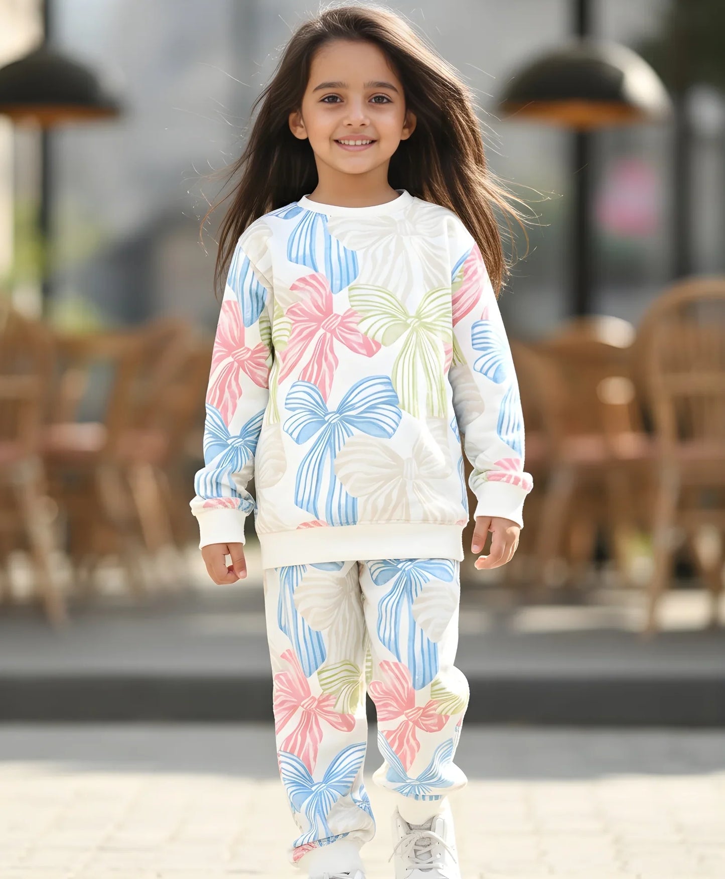 PAINTED BOW GIRLS FLEECE SWEATSHIRT JOGGER SET - WHITE