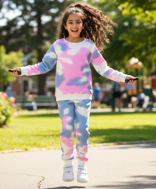 BLUE PINK TIE DYE GIRLS FLEECE SWEATSHIRT JOGGER SET - WHITE