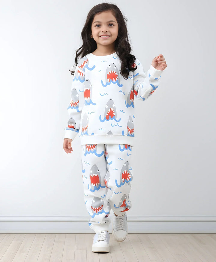 SLEEPY SHARK GIRLS FLEECE SWEATSHIRT JOGGER SET - OFF WHITE - Anthrilo 