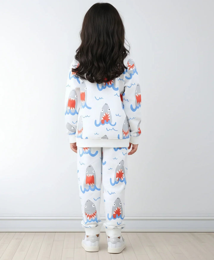 SLEEPY SHARK GIRLS FLEECE SWEATSHIRT JOGGER SET - OFF WHITE - Anthrilo 