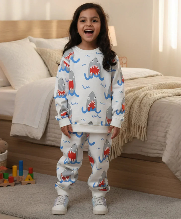 SLEEPY SHARK GIRLS FLEECE SWEATSHIRT JOGGER SET - OFF WHITE - Anthrilo 