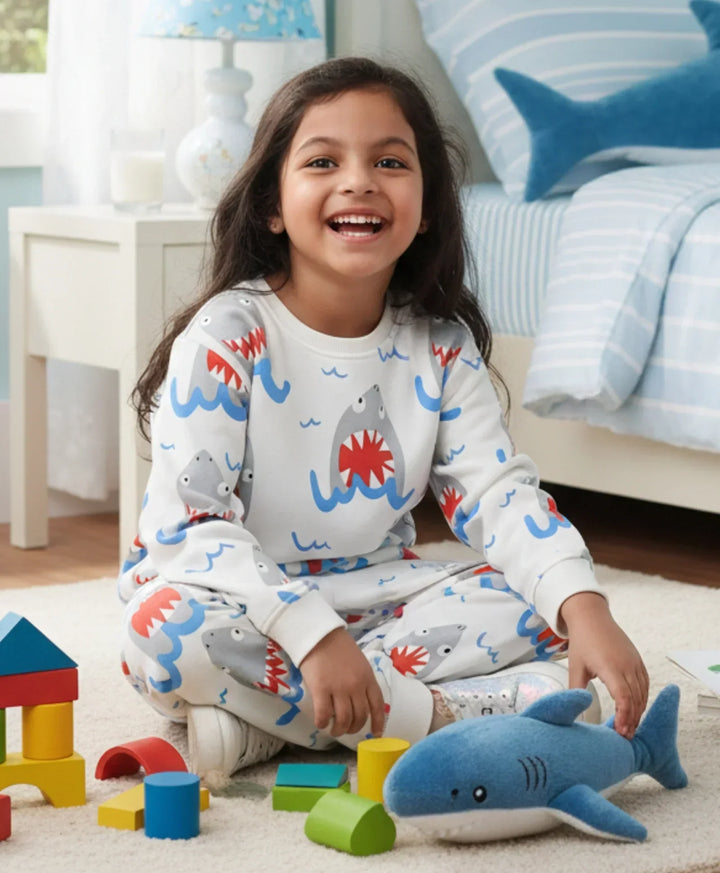 SLEEPY SHARK GIRLS FLEECE SWEATSHIRT JOGGER SET - OFF WHITE - Anthrilo 