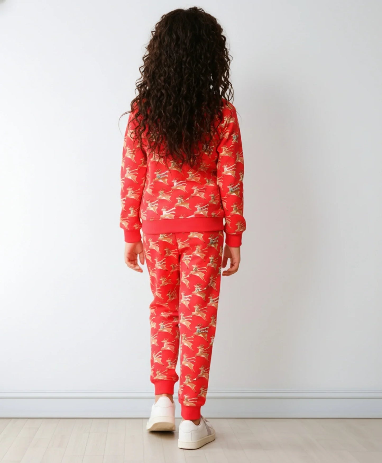 REINDEER PRINT FLEECE GIRLS SWEATSHIRT JOGGER SET - RED