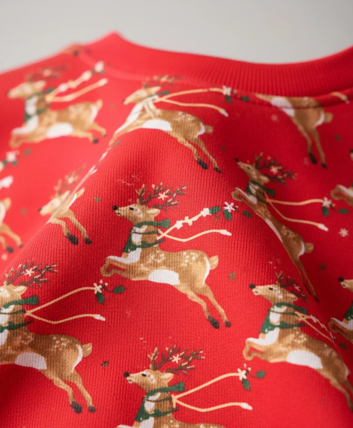REINDEER PRINT FLEECE GIRLS SWEATSHIRT JOGGER SET - RED