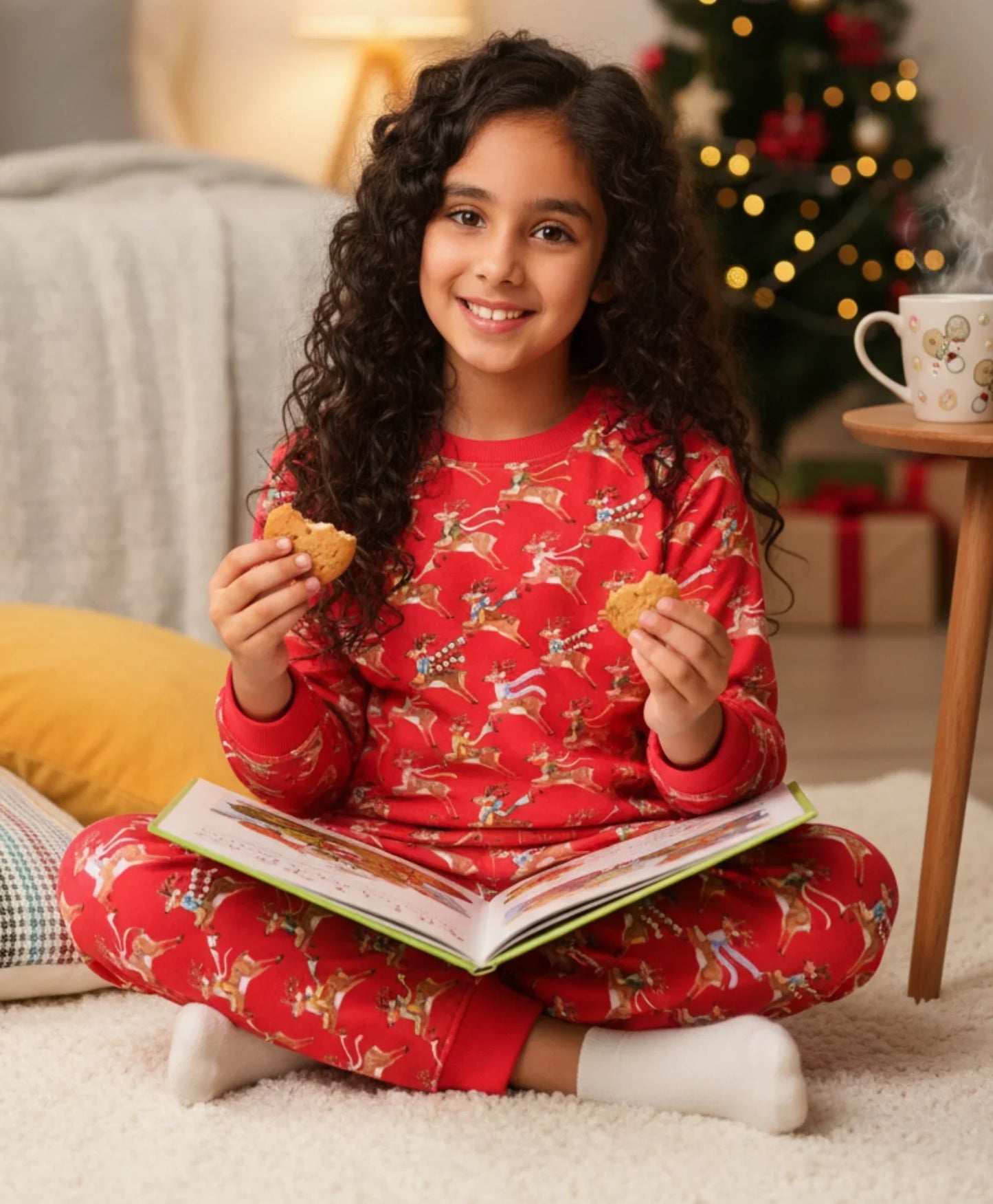 REINDEER PRINT FLEECE GIRLS SWEATSHIRT JOGGER SET - RED