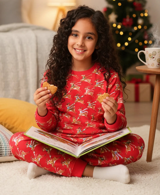 REINDEER PRINT FLEECE GIRLS SWEATSHIRT JOGGER SET - RED