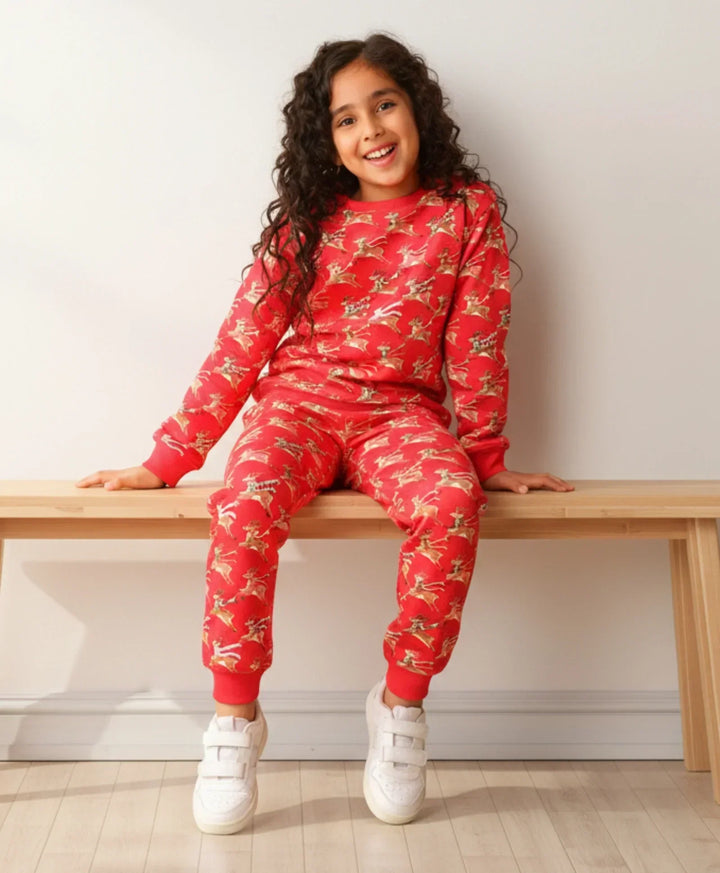 REINDEER PRINT FLEECE GIRLS SWEATSHIRT JOGGER SET - RED