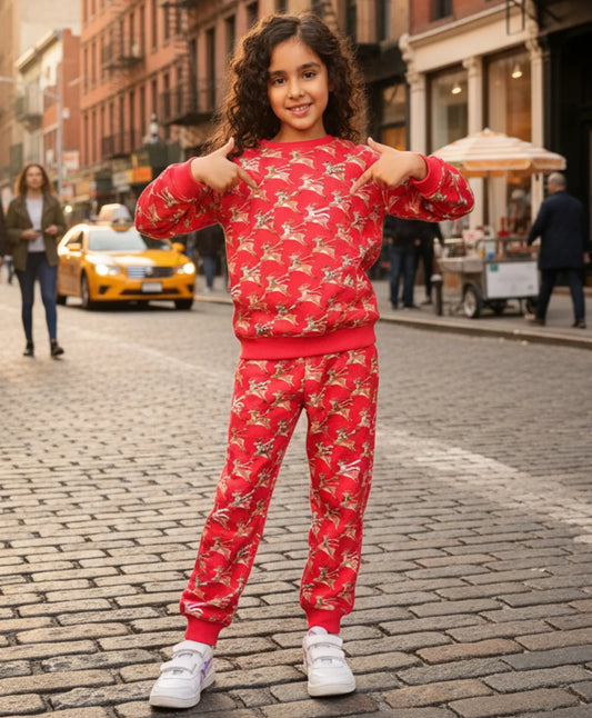 REINDEER PRINT FLEECE GIRLS SWEATSHIRT JOGGER SET - RED