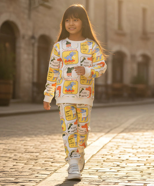 DINOSAUR STAMP FLEECE GIRLS SWEATSHIRT JOGGER SET - OFF WHITE