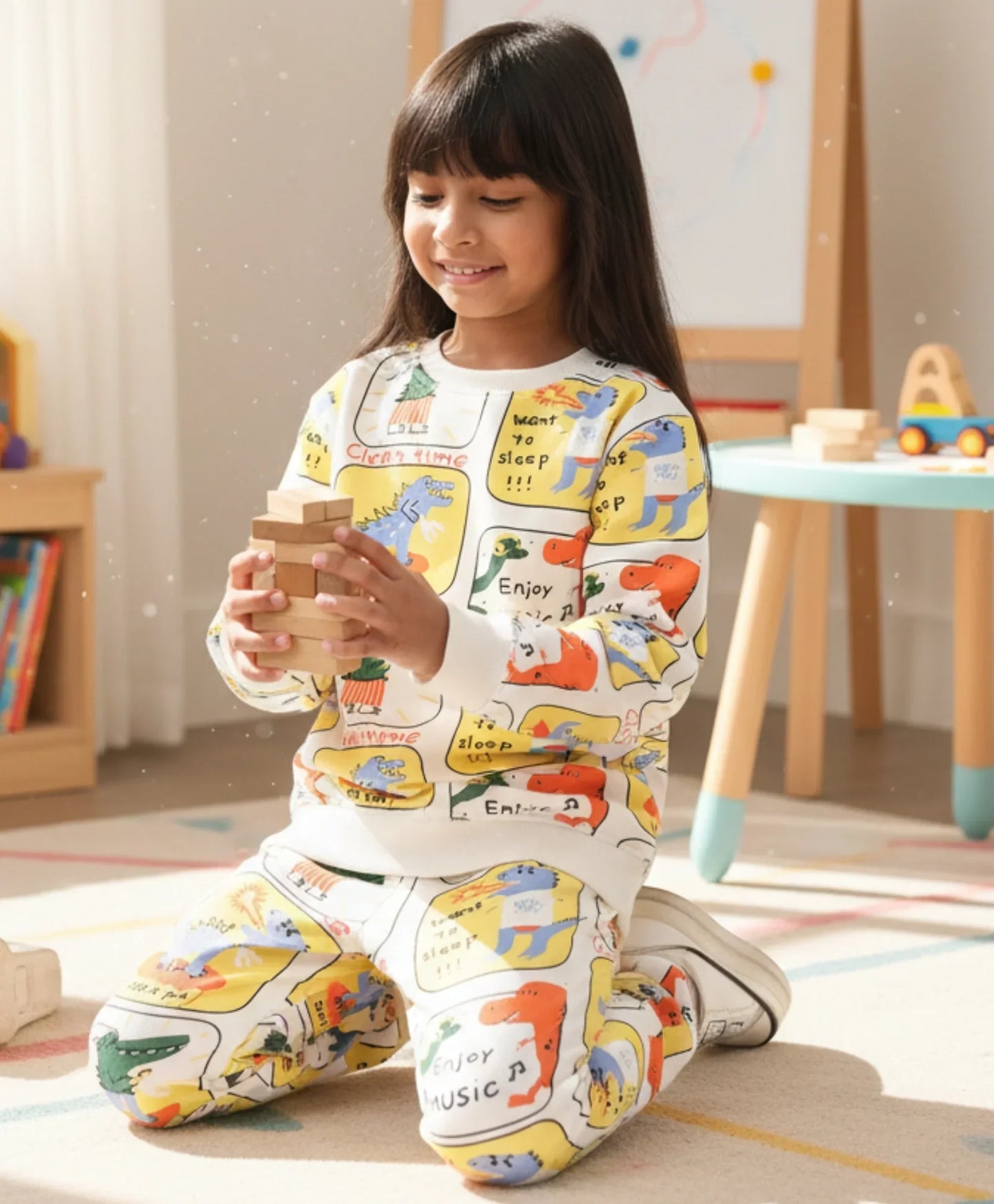 DINOSAUR STAMP FLEECE GIRLS SWEATSHIRT JOGGER SET - OFF WHITE