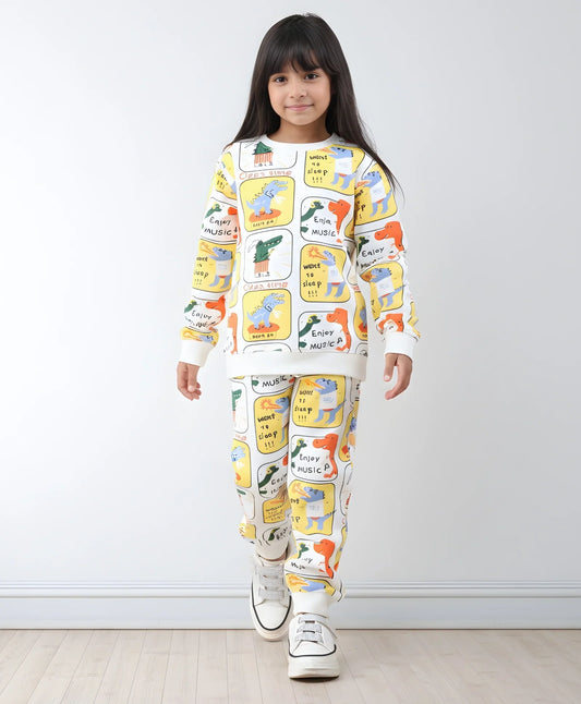 DINOSAUR STAMP FLEECE GIRLS SWEATSHIRT JOGGER SET - OFF WHITE