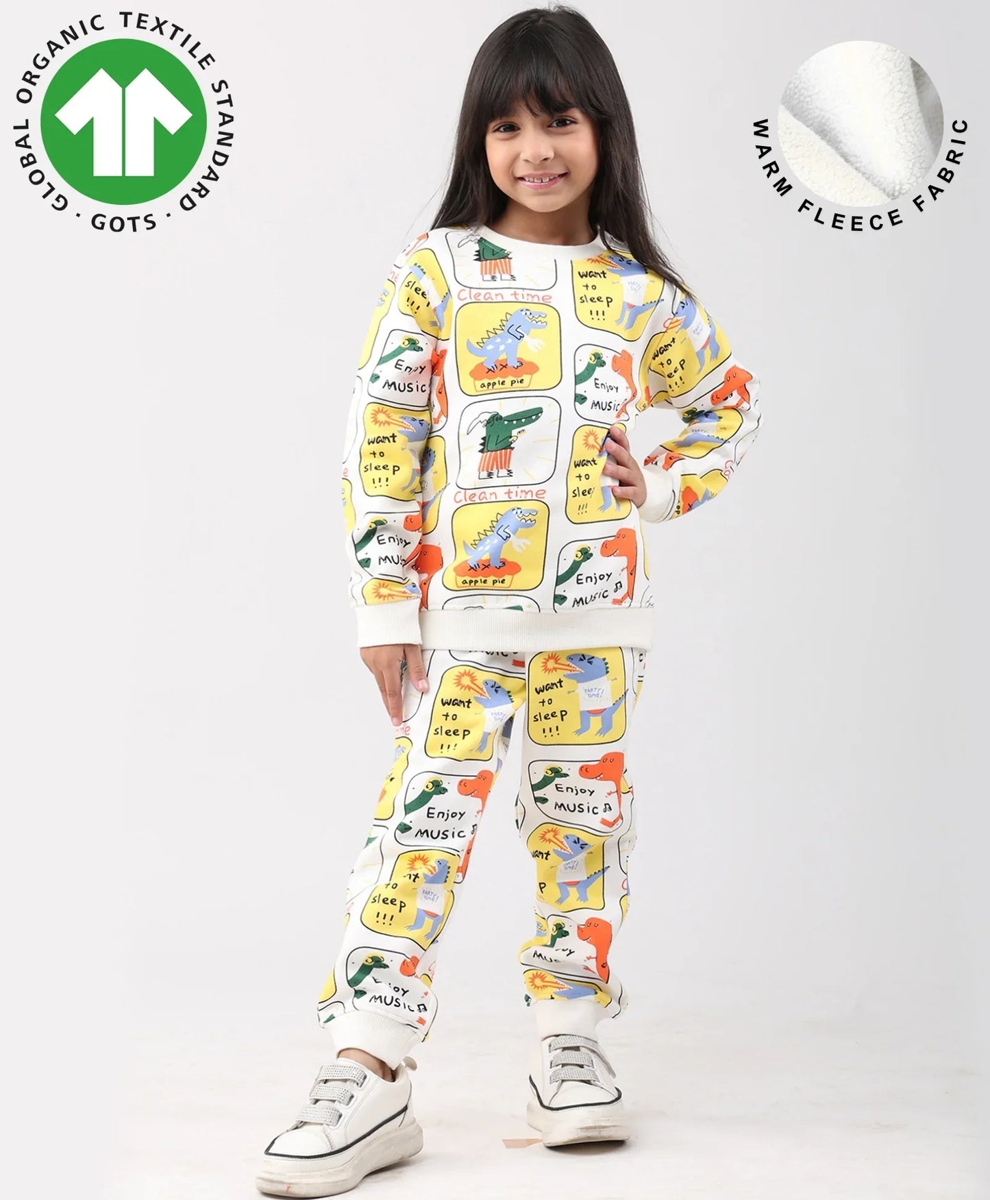 DINOSAUR STAMP FLEECE GIRLS SWEATSHIRT JOGGER SET - OFF WHITE
