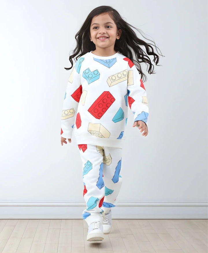 BLOCK BUILDER FLEECE GIRLS SWEATSHIRT JOGGER SET - OFF WHITE - Anthrilo 