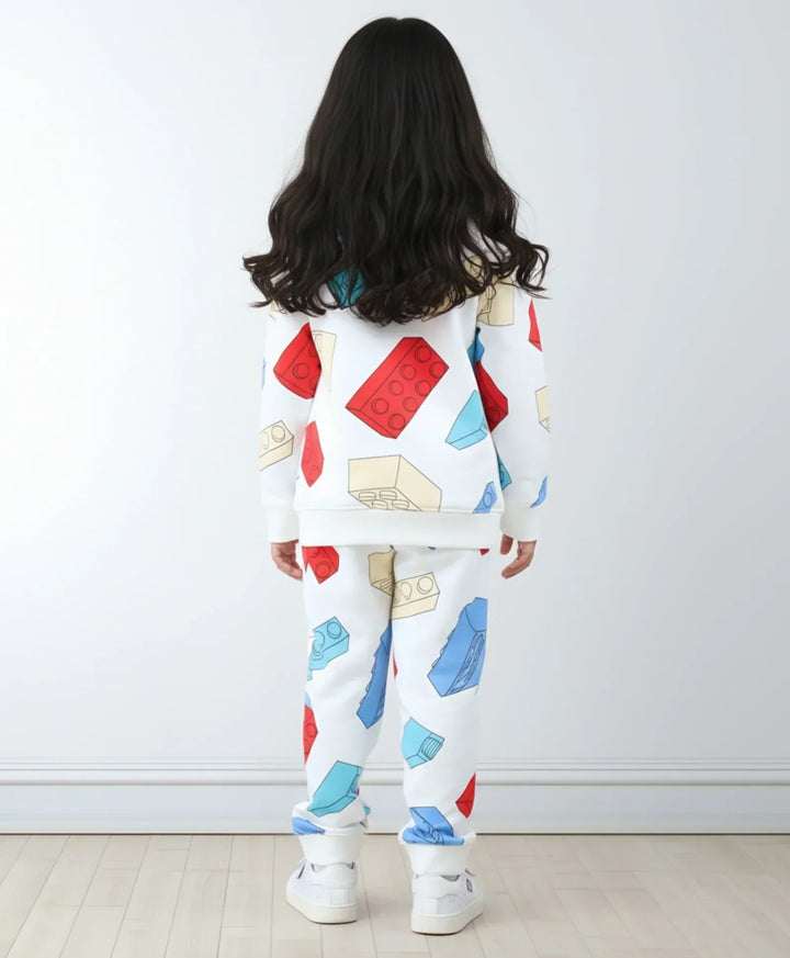 BLOCK BUILDER FLEECE GIRLS SWEATSHIRT JOGGER SET - OFF WHITE - Anthrilo 