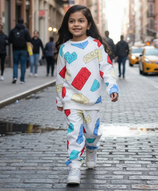 BLOCK BUILDER FLEECE GIRLS SWEATSHIRT JOGGER SET - OFF WHITE
