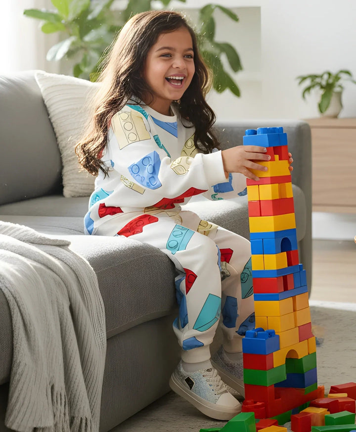 BLOCK BUILDER FLEECE GIRLS SWEATSHIRT JOGGER SET - OFF WHITE - Anthrilo 