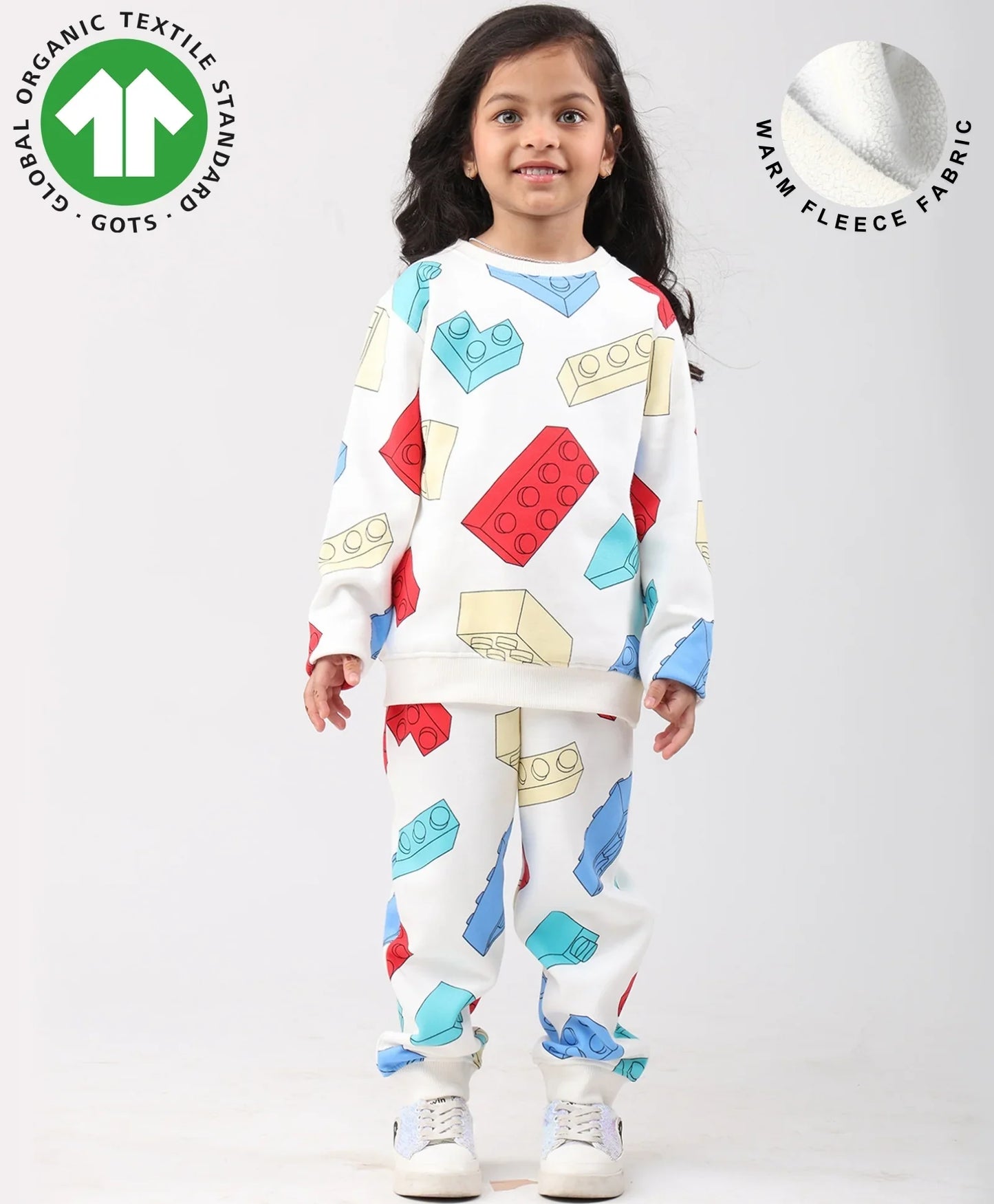 BLOCK BUILDER FLEECE GIRLS SWEATSHIRT JOGGER SET - OFF WHITE