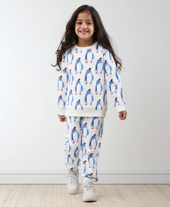 PENGUIN FLEECE GIRLS SWEATSHIRT JOGGER SET - OFF WHITE - Anthrilo 