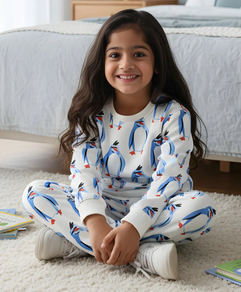 PENGUIN FLEECE GIRLS SWEATSHIRT JOGGER SET - OFF WHITE - Anthrilo 