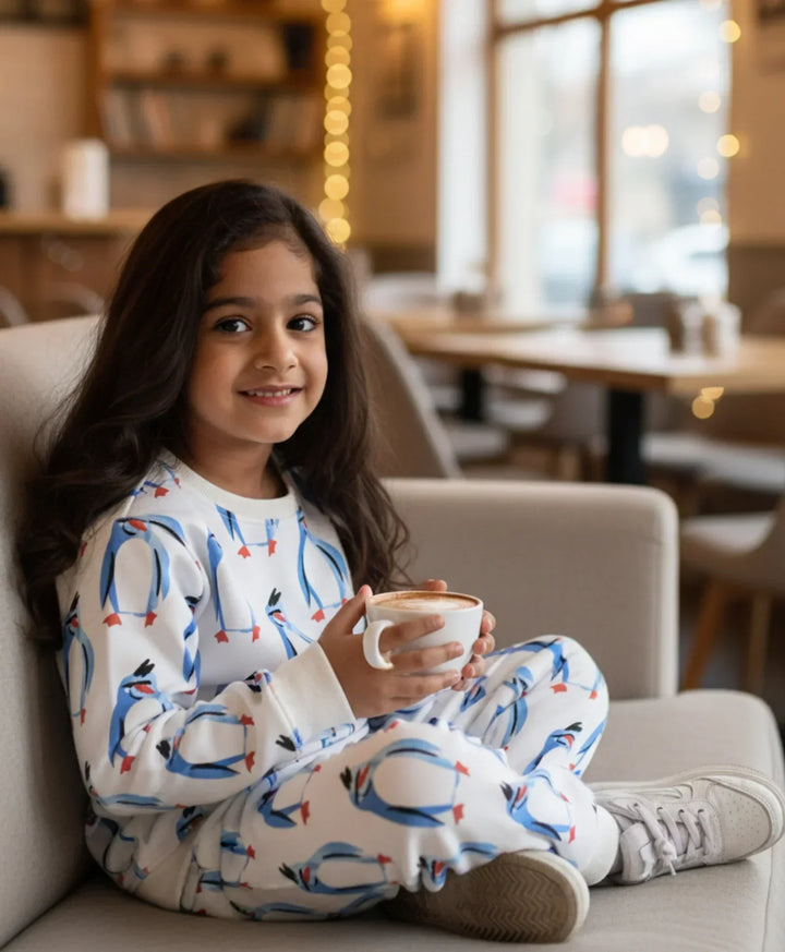 PENGUIN FLEECE GIRLS SWEATSHIRT JOGGER SET - OFF WHITE - Anthrilo 