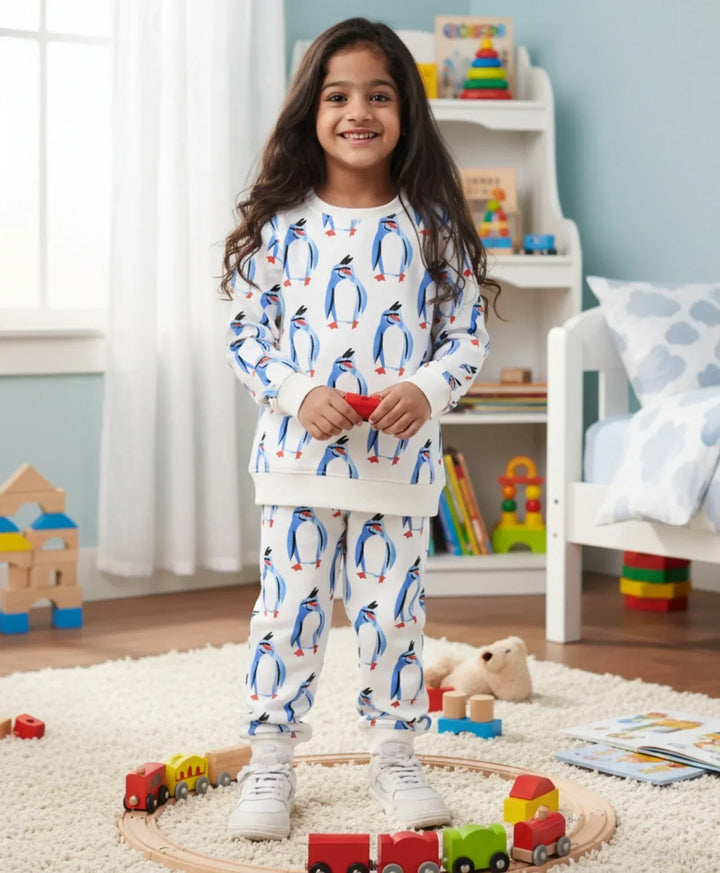PENGUIN FLEECE GIRLS SWEATSHIRT JOGGER SET - OFF WHITE - Anthrilo 