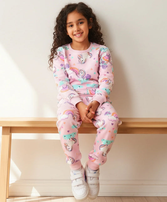 UNICORN HEART GIRLS FLEECE SWEATSHIRT JOGGER SET - PINK