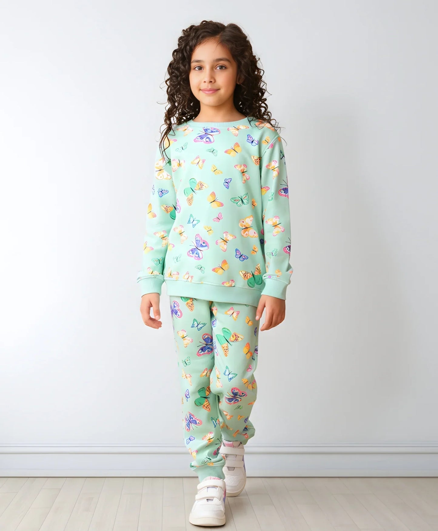 BUTTERFLY GREEN FLEECE GIRLS SWEATSHIRT JOGGER SET - GREEN