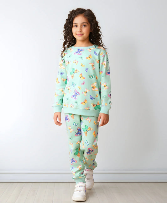BUTTERFLY GREEN FLEECE GIRLS SWEATSHIRT JOGGER SET - GREEN