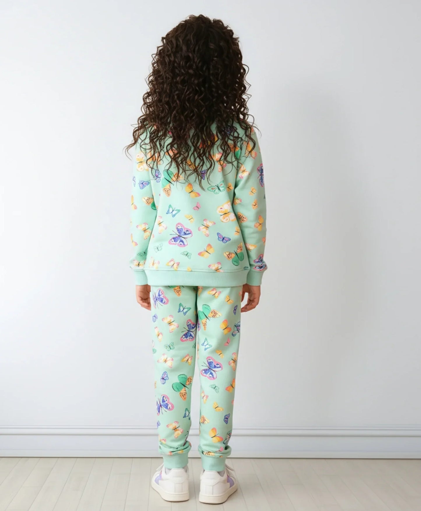 BUTTERFLY GREEN FLEECE GIRLS SWEATSHIRT JOGGER SET - GREEN