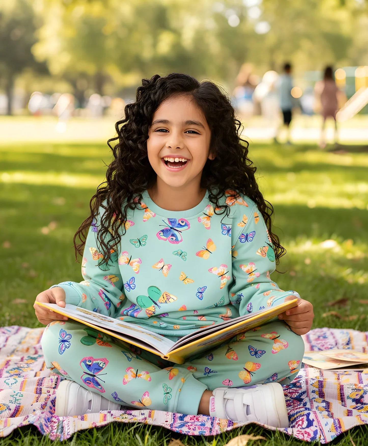 BUTTERFLY GREEN FLEECE GIRLS SWEATSHIRT JOGGER SET - GREEN