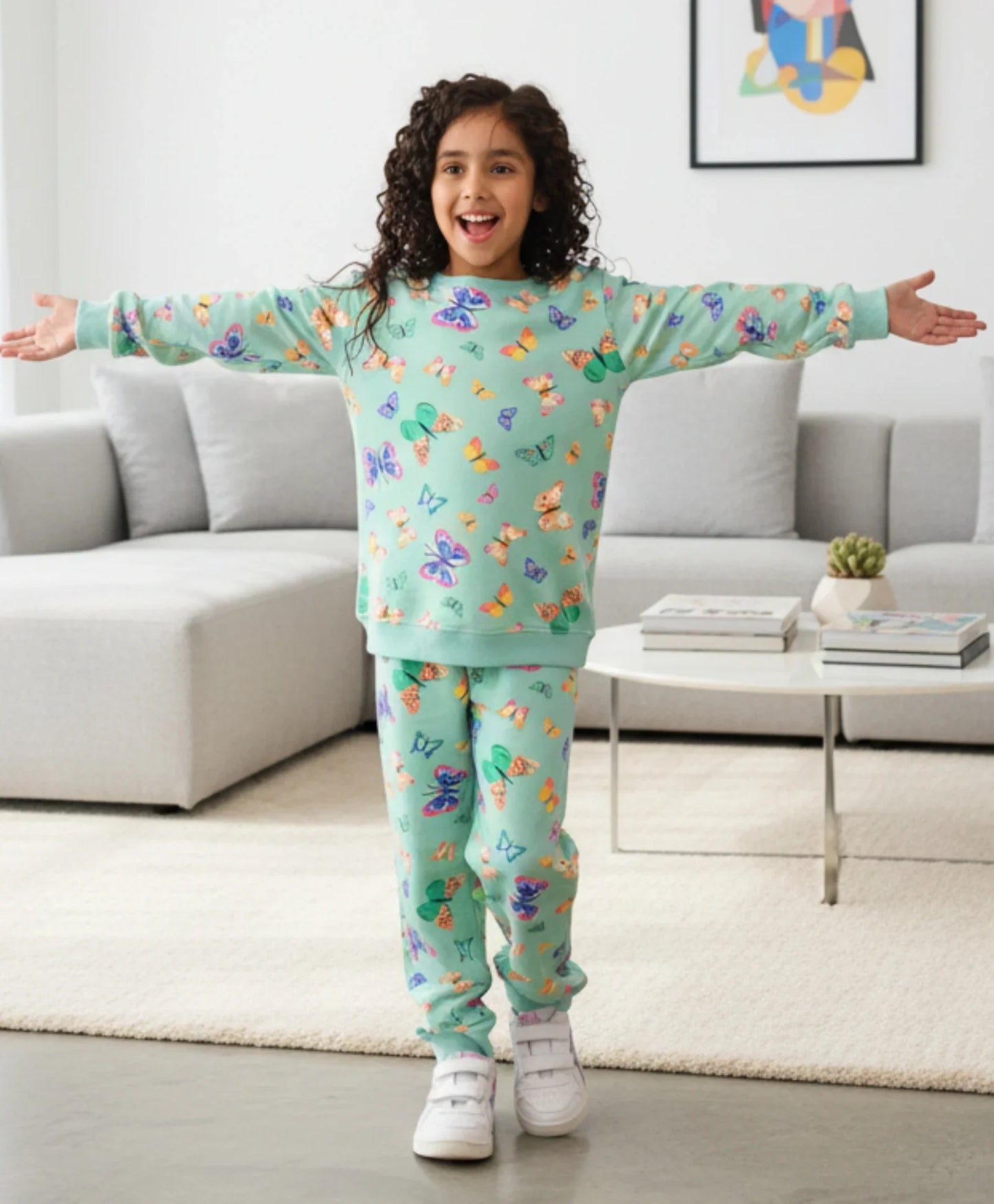 BUTTERFLY GREEN FLEECE GIRLS SWEATSHIRT JOGGER SET - GREEN